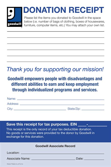 Printable Goodwill Donation Receipt